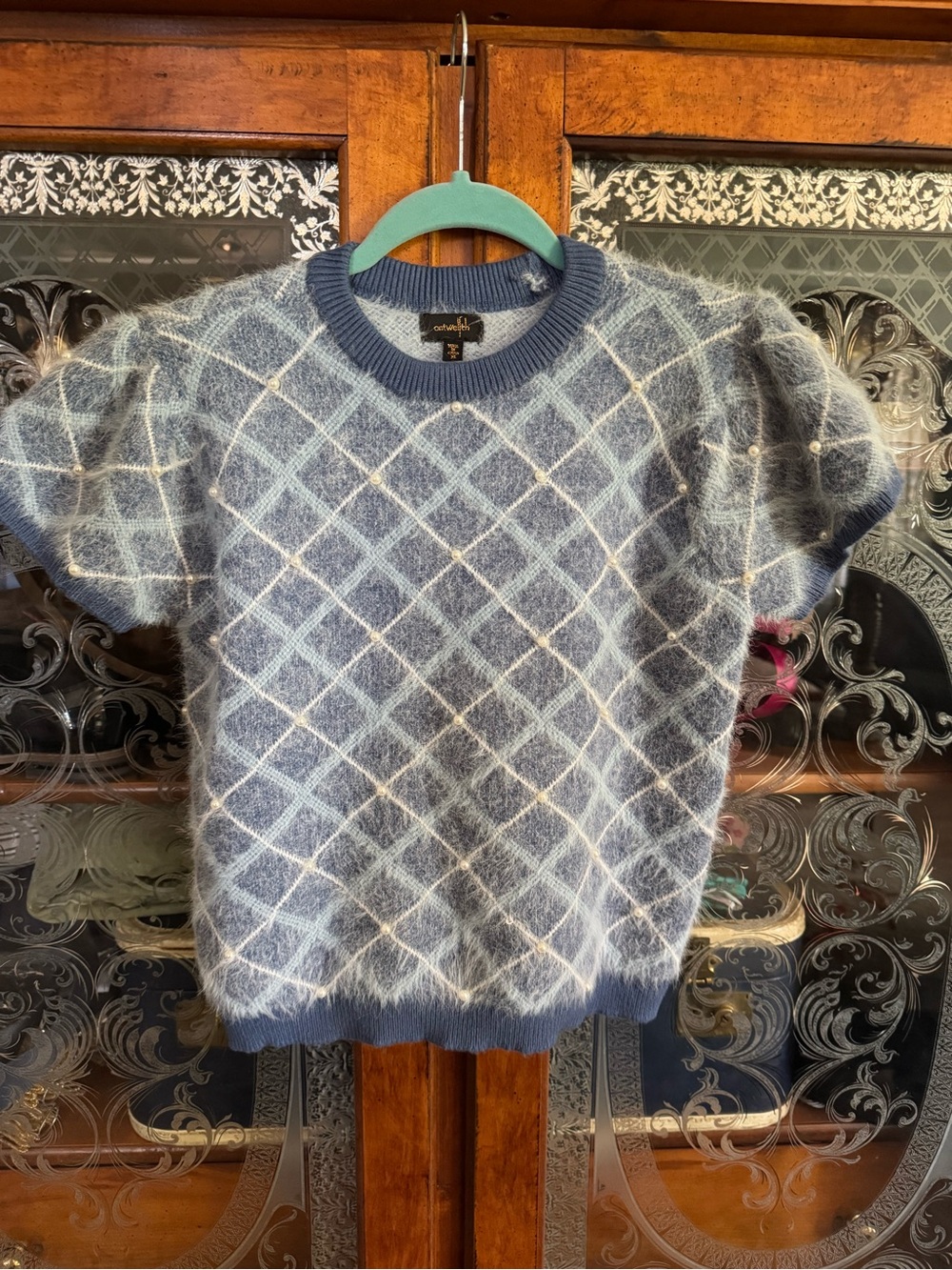 Women's Light Blue Argyle Crewneck Sweater - Soft Knit Pullover With Pearls - Picture 1 of 8